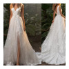 White Wedding Dress,Floor Length Bridal Gown A-Line Deep V-Neck V-Back