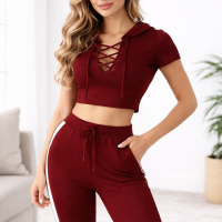 Crop Top Hoodie & Pants,2-piece Tracksuit Set Women's Activewear - Burgundy