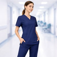 Navy Blue Medical Scrubs Shirt & Pants Set Scrubs Comfort Fit Pock