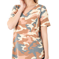 Zenana Outfitters Short Sleeve Camouflage T-Shirt V-Neck - Round Hem Almond Gray Camouflage
