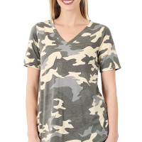 Zenana Outfitters Short Sleeve Camouflage T-Shirt V-Neck - Round Hem Gray Camouflage