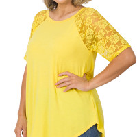 Zenana Outfitters Short Sleeve Plus Size Top with Lace Detail - Yellow