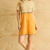 Tweed and Suede Mixed Shift Dress Mini Dress with Side Pockets Gold and shades of yellow