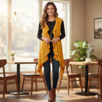 Wavy Ruffle Hem Cardigan Duster Topper Golden Mustard Hi-Low Knee Length