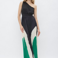 Single Shoulder Pleated Maxi Dress Black, White and Green - sleeveless maxi dress