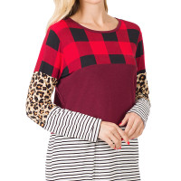 Buffalo Plaid Leopard Striped Top Red and Black Long Sleeves Top