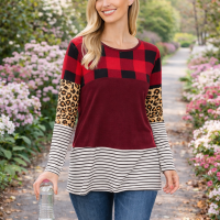 Buffalo Plaid Leopard Striped Top Red and Black Long Sleeves Top