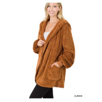 Hooded Faux Fur Teddy Jacket with Pockets - Almond Brown - Relaxed Fit