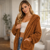 Hooded Teddy Jacket Sherpa Relaxed Fit Pockets Brown Open Front