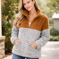 Faux Fur Quarter Zip Jacket with Kangaroo Pockets Color Contrast Gray & Almond Brown Melange Jacket Relaxed Fit Melange Faux Fur Pullover Jacket