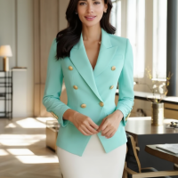 Formal Office Blazer Skirt Matching Set Full Sleeve Buttoned Collared Turquoise