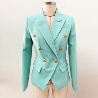 Formal Office Blazer Skirt Matching Set Full Sleeve Buttoned Collared Turquoise