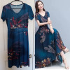A-Line Floral Maxi Dress V-Neck Short Sleeve Blue with Peacock Feathers
