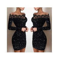 Long Sleeve Lace Neck Mini Dress
 Off-Shoulder Bodycon Glitter Dress - Black