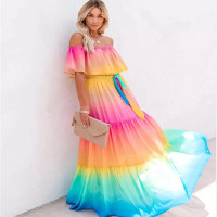 Rainbow Maxi Dress Off Shoulder - Ribbon Belt Waist - Flowing Hem Rainbow Colors