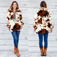 Womens Faux Fur Cow Print Winter Warm Jacket Trench Coat Fluffy Overcoat Top