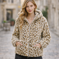 Gigio's Women's Faux Fur Leopard Print Winter Jacket with Hoodie Soft  Fluffy Brown & Cream