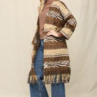 Gigio's Leopard, Zebra and Aztec Print Duster Long Cardigan With Fringe Detail & Pockets Brown Topper