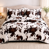 Western Design 3 Piece Quilted Bedspread Set - Cow Print - 3 Piece Quilt Set - Queen Size, King and California King