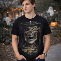 Men's Graphic Print T-Shirt Scary Skull Grim Reaper Tee Crew Neck Short Sleeve Fashion Tee Black & Gold Size M - 3XL