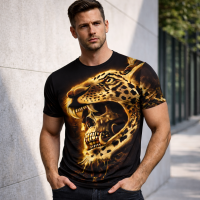 Men's Graphic Print T-Shirt Leopard & Skull - Black & Gold Crew Neck - Short Sleeve - Fashion Tee - Size M - 3XL