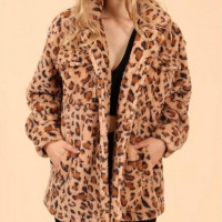 Womens Faux Fur Leopard Print Winter Jacket Brown & Tan Trendy Chic Hip Winter Jacket Coat for Women