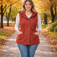 Plus Size Military Style Hooded Vest Large Pockets, Full zip, buttons Dark Rust Versatile - Utility Jacket Vest