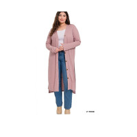 Plus Size Ribbed Long Cardigan Duster Buttoned Hi-Low Side Slits Thumbholes Light Rose Topper