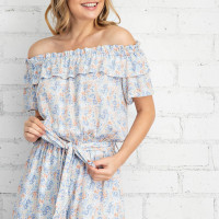 Ditsy Printed Off Shoulder Romper Off Shoulder - waist band - Light Blue