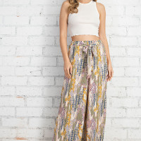 Printed Palazzo Pants Wide Leg Pants Front Tie Detail with Lining - Sage