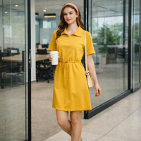 Mini Dress Collared Short Sleeves Buttoned Drawstring - Honey