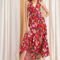 Red Floral Halter Dress Hi-Lo Open Back Summer Maxi - Ruffle Hem - By Easel