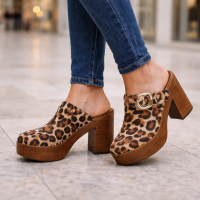 Gianni Bini Sotelo Leopard Print Platform Clogs Calf Hair Buckle Detail - Brown