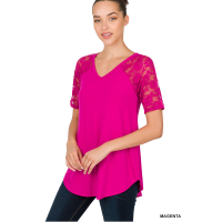 Zenana Outfitters Rose Floral Lace Top V-Neck Short Sleeves Round Hem Magenta
