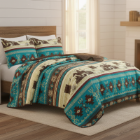 Southwest Navajo Turquoise Aztec Quilted Bedspread - 3 Piece Western Bedding Set