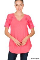 Zenana Outfitters Lace Detail Top V-Neck Short Sleeve Round Hem Pink