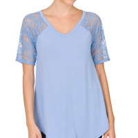 Zenana Outfitters Lace Detail Top V-Neck Short Sleeve Round Hem Blue