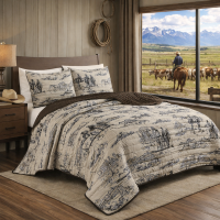 Country Western Design 3 Piece Quilted Bedspread Set Cowboys Black & White print Queen Size & King Size
