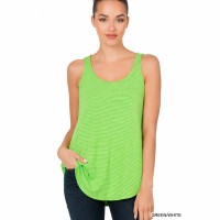 Green Tank Top for Women Horizontal Stripes - Scoop Neck - Round Hem
