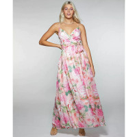 TRIXXI Pink Floral Maxi Dress Belted  Spaghetti Strap V Neck Full-Length Maxi Size 3 Prom Dress