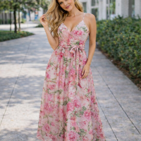 TRIXXI Pink Floral Maxi Dress Belted  Spaghetti Strap V Neck Full-Length Maxi Size 3 Prom Dress
