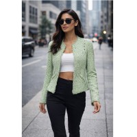 Zara Trafaluc Collection - Heather Green Tweed Jacket Faux Pockets - Studded - XS