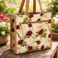 Tapestry Shopper Tote Bag - Ladybug and Flower Pattern - Beige Color