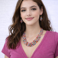 MultiColor Multi-String Beads Necklace With Matching Earrings
