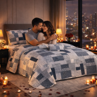 Geometric Pattern Quilted Bedspread Set Bedspreads Queen Size King Quilt - Gray - K