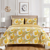 3 Piece Quilted Bedspread Set - Almond Color base with Beige/Orange flowers and a touch of green
Full/Queen and King Size
