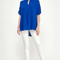 Oversized Short Sleeve Shirt Hi-Lo Rolled Sleeves V-Neck Collar Royal Blue