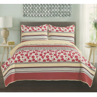 3 Piece Quilted Bedspread Set - Poppy Flowers & MultiColor Stripes Full/Queen & King Size