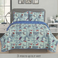 3 Piece Quilted Bedspread Set - Paris Blue - Eiffel Tower - Arc de Triomphe - Full/Queen & King Size
