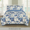 3 Piece Quilted Bedspread Set - Blue Botanical - Full/Queen & King Size